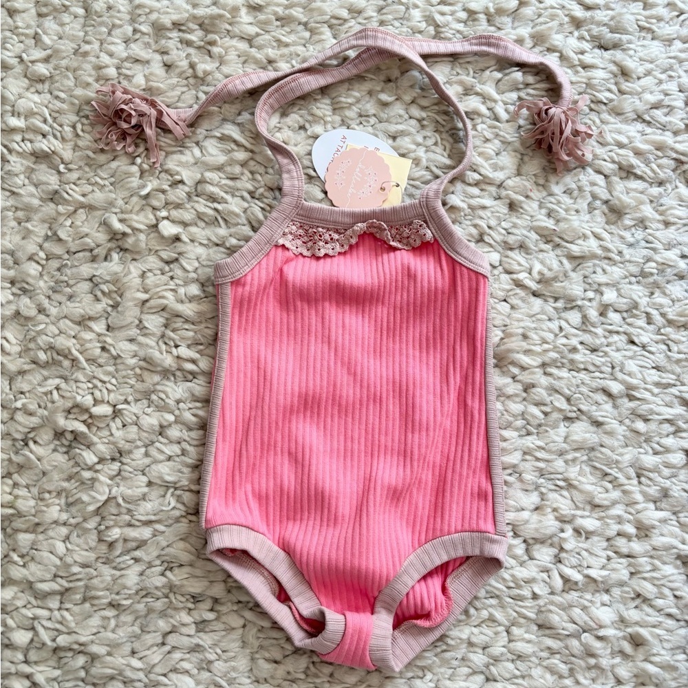 Dollcake Hot Pink Ribbed Lace Bodysuit Romper girls 6